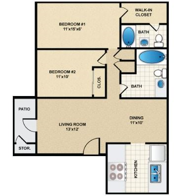 2 Bed 2 Bath Floor Plan 1